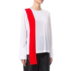 Stella McCartney Blouse Contrasting Silk Top White with Red Stripe Holiday SZ 4